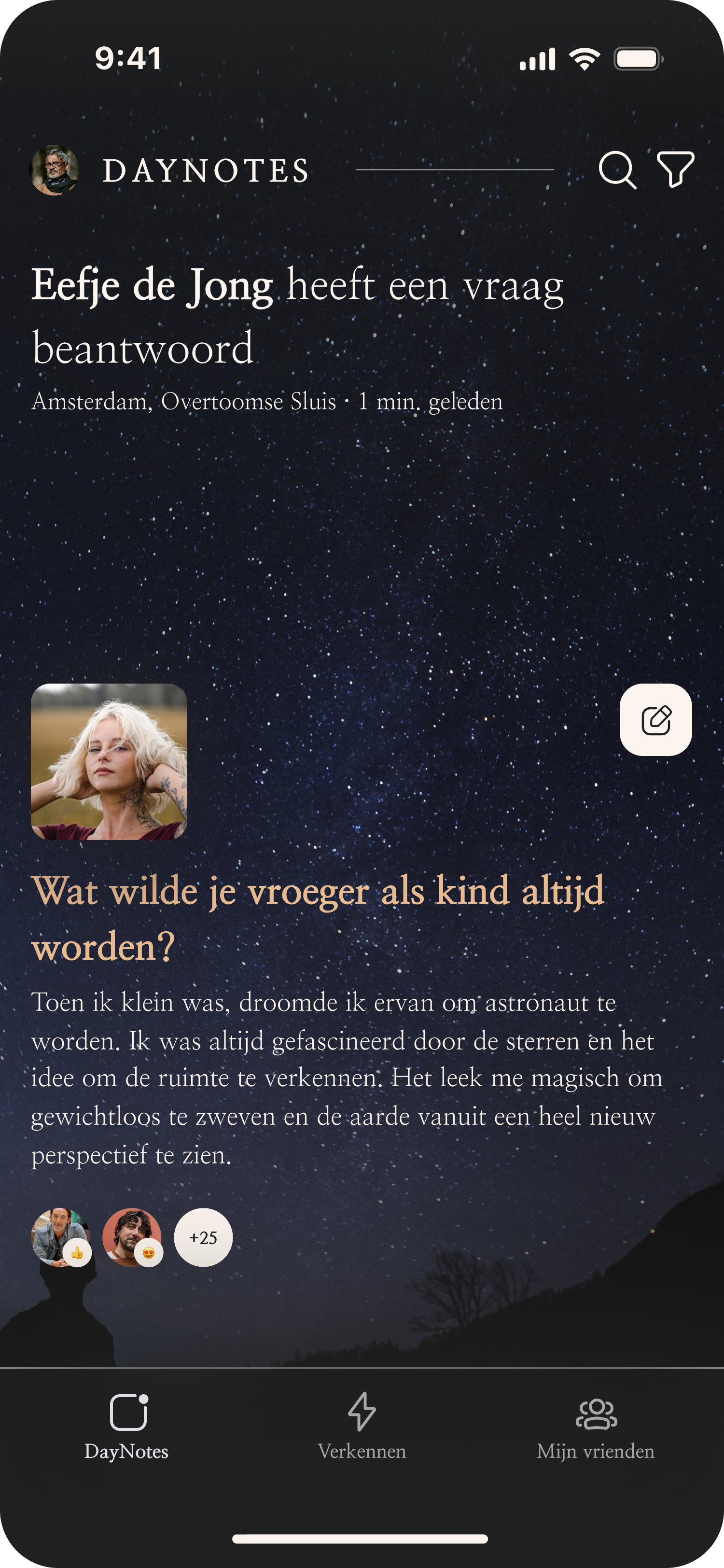DayNotes scherm met een persoonlijke vraag en antwoord