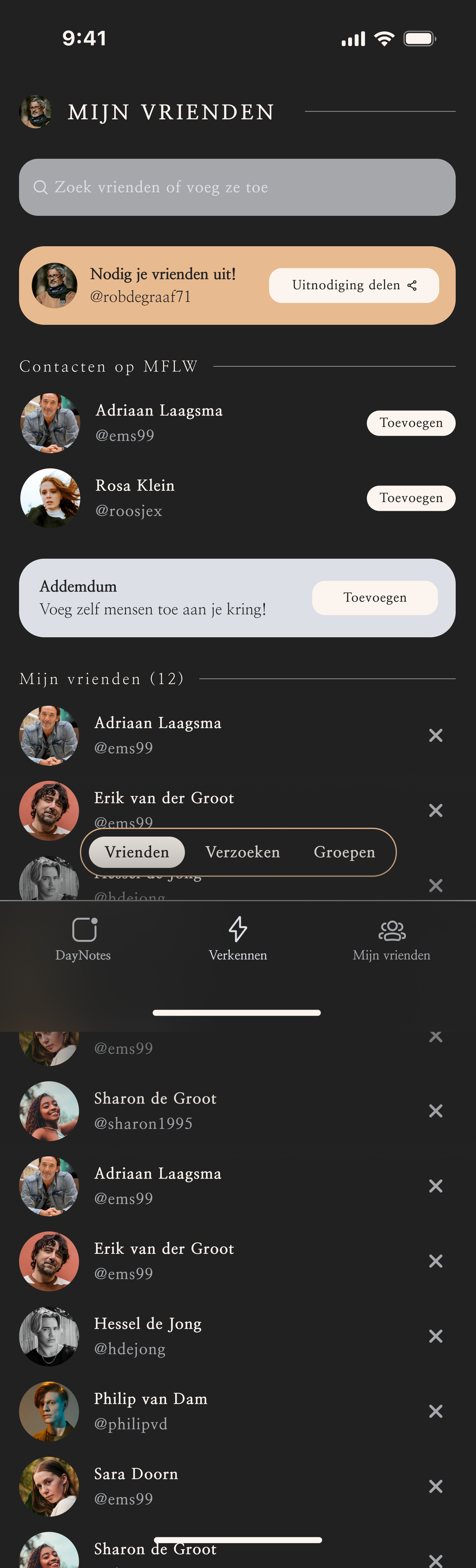 Mijn vrienden scherm met contacten, uitnodigingen en groepen