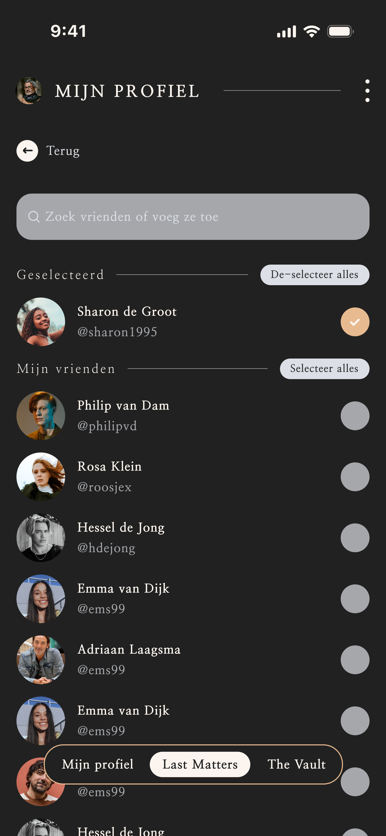 Last Matters scherm waar vrienden geselecteerd worden