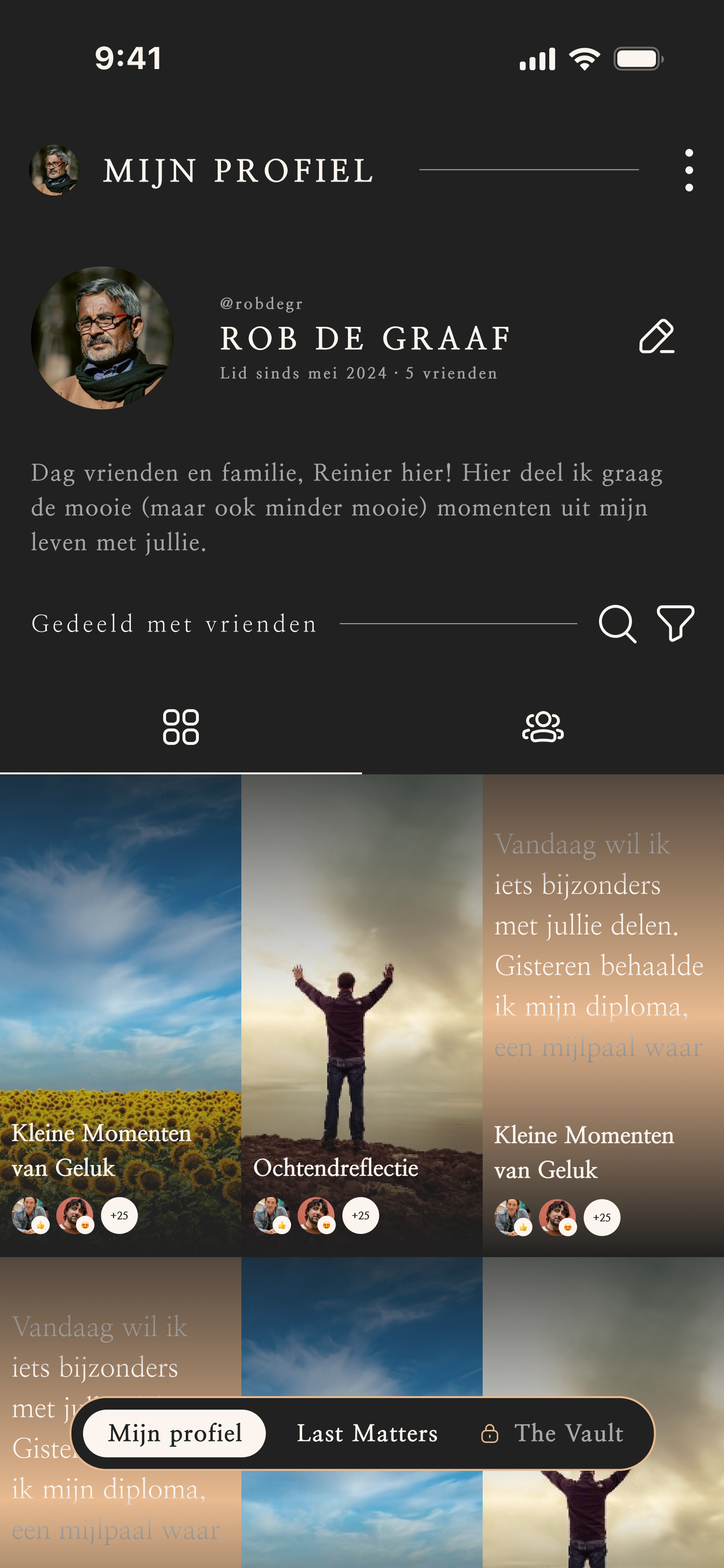 Profielscherm met gedeelde DayNotes en tabs voor Last Matters en Vault